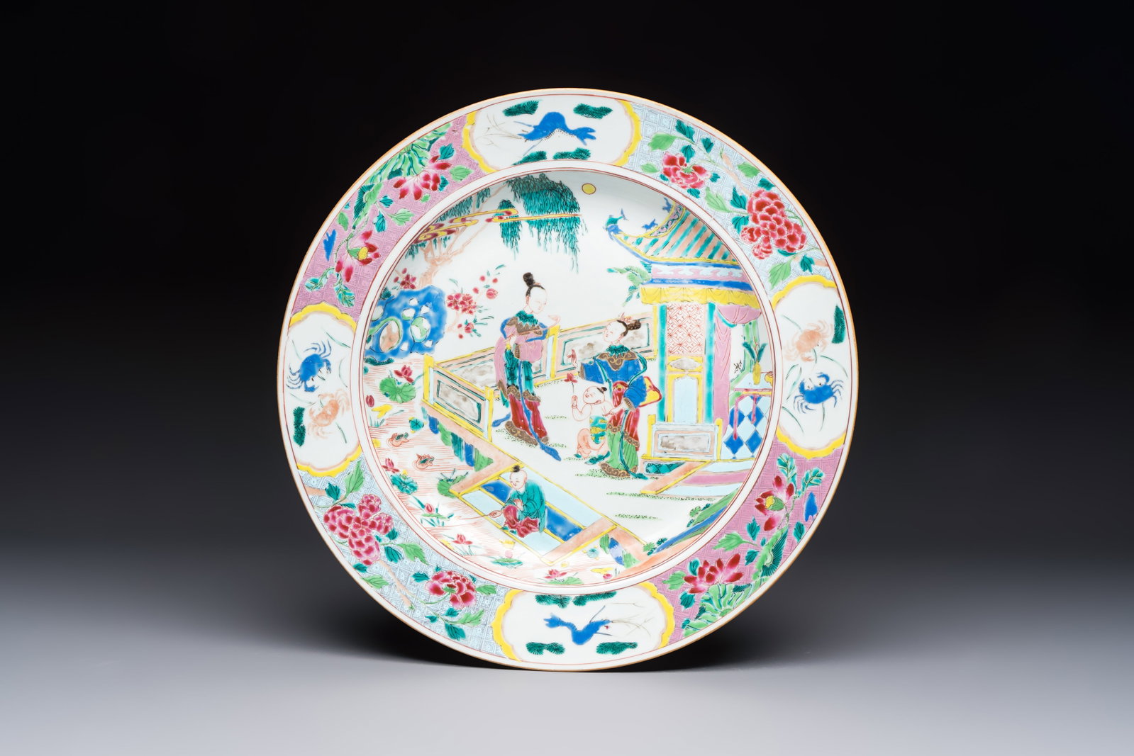 A fine Chinese famille rose dish with ladies and boys near a pagoda, Yongzheng (1 of 2)