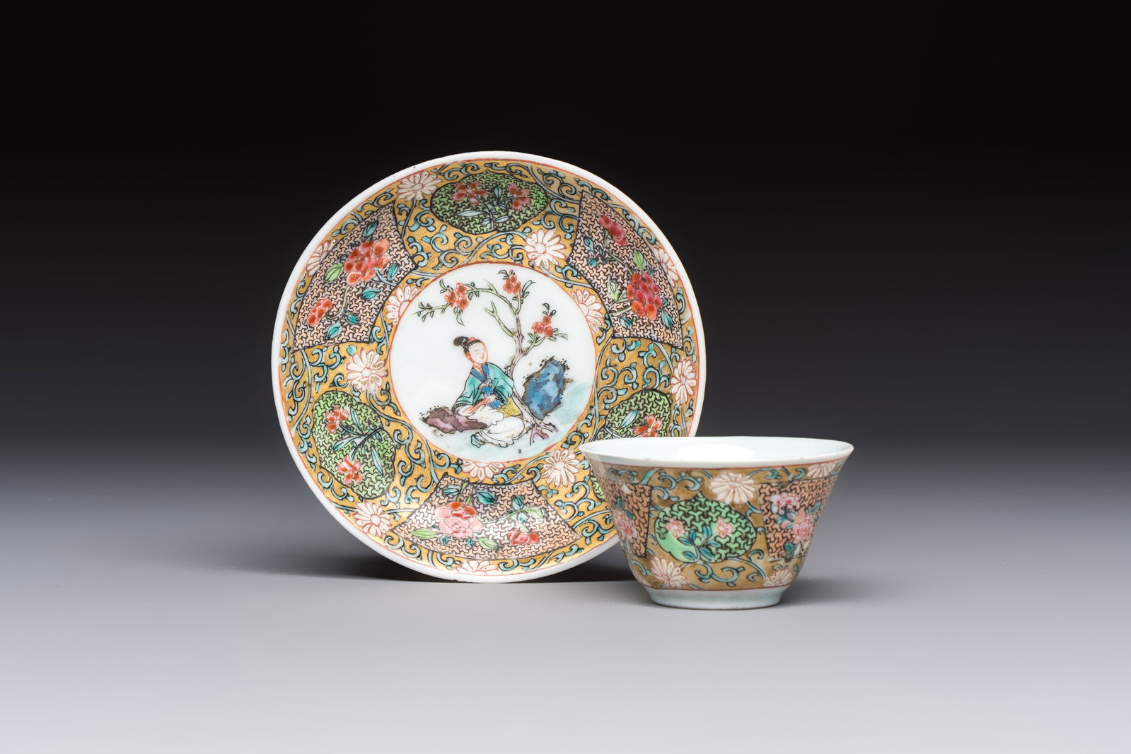A fine Chinese famille rose gilt-decorated 'Elegant Beauty' cup and saucer, Yongzheng (1 of 9)