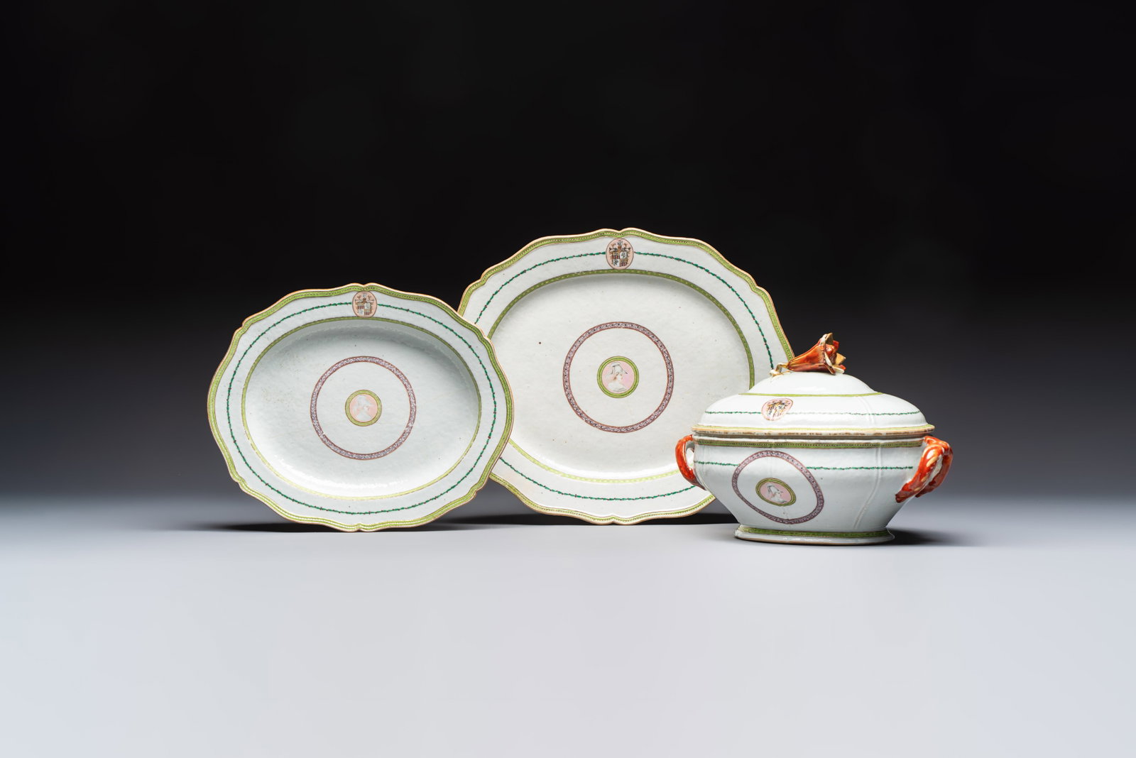 A Chinese famille rose serving dish, a covered tureen and stand with the arms of Peter van Hemert (1 of 12)