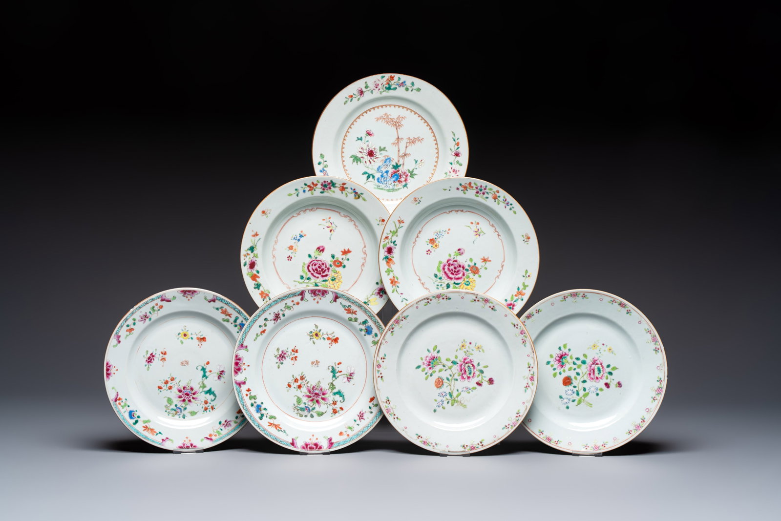 Seven Chinese famille rose plates with floral design, Qianlong (1 of 15)