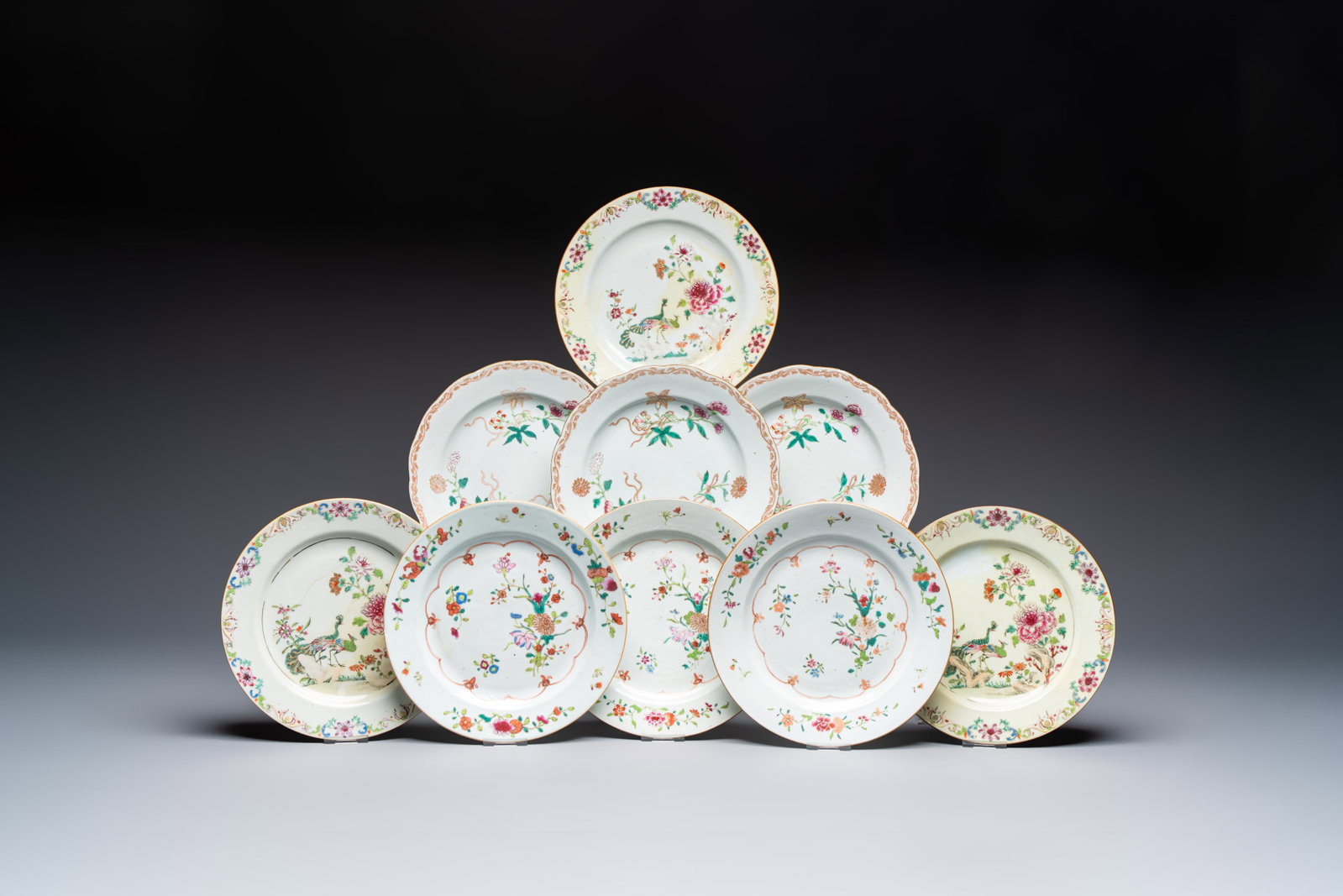 Nine Chinese famille rose plates with floral design, Qianlong (1 of 19)