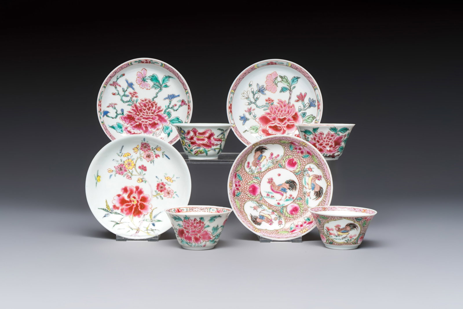 Four Chinese famille rose cups and saucers, Yongzheng/Qianlong (1 of 11)