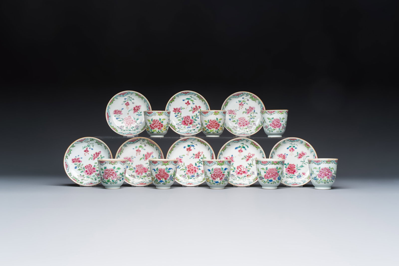 Eight sets of Chinese famille rose cups and saucers with floral design, Qianlong (1 of 17)