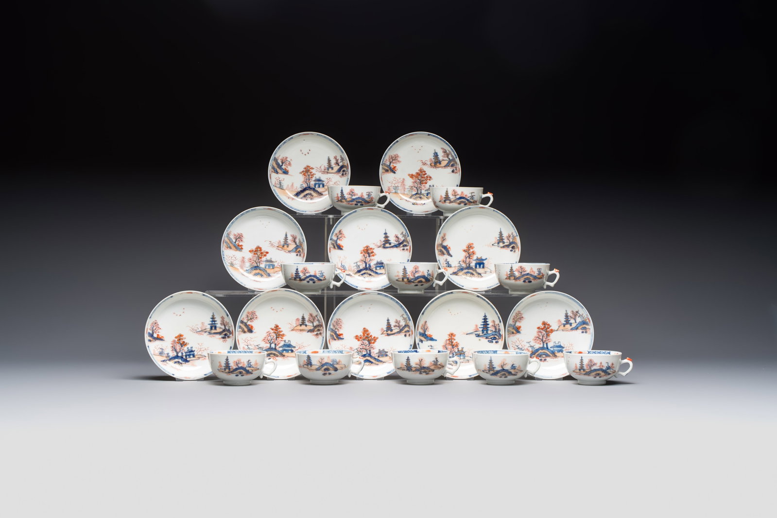 Ten Chinese Imari-style 'Riverscape' cups and saucers, Qianlong (1 of 20)