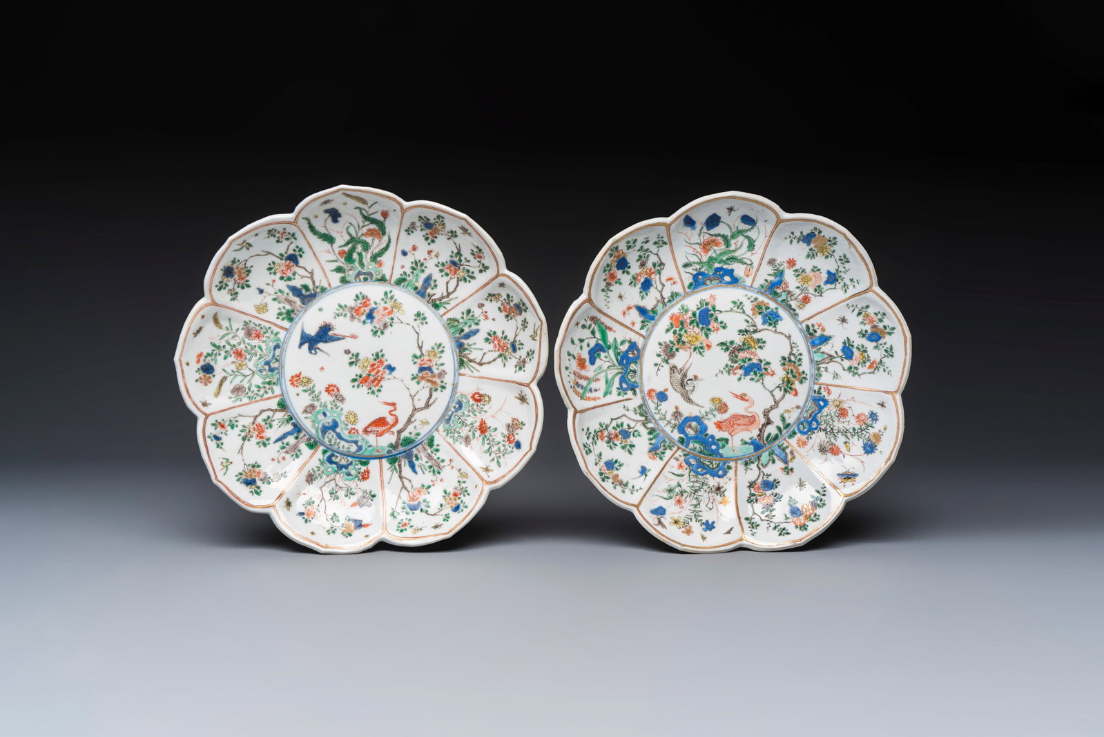 Two Chinese famille verte lotus-shaped plates, Johanneum mark, ex-collection of August the Strong, (1 of 2)