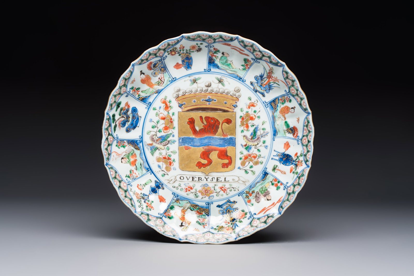 A Chinese famille verte armorial 'Provinces' dish with the arms of Overysel, Kangxi (1 of 2)