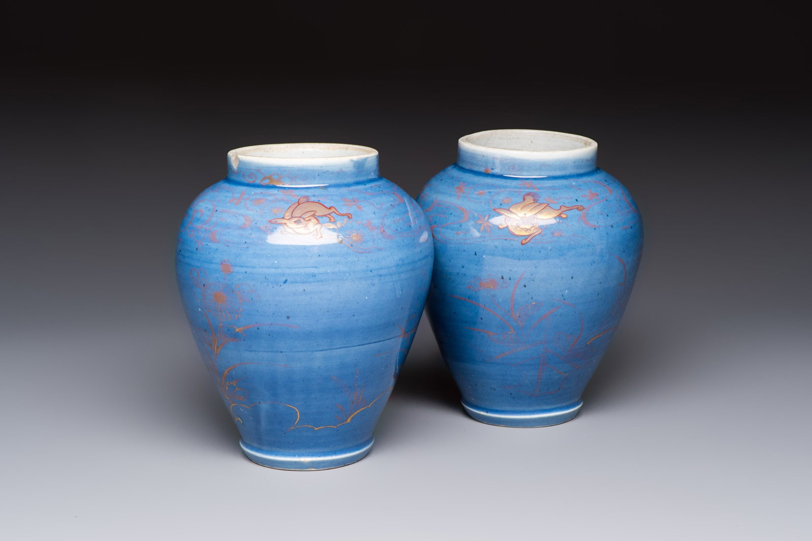 A rare pair of Japanese gilt-decorated blue-ground vases, Edo, late 17th C. (1 of 7)
