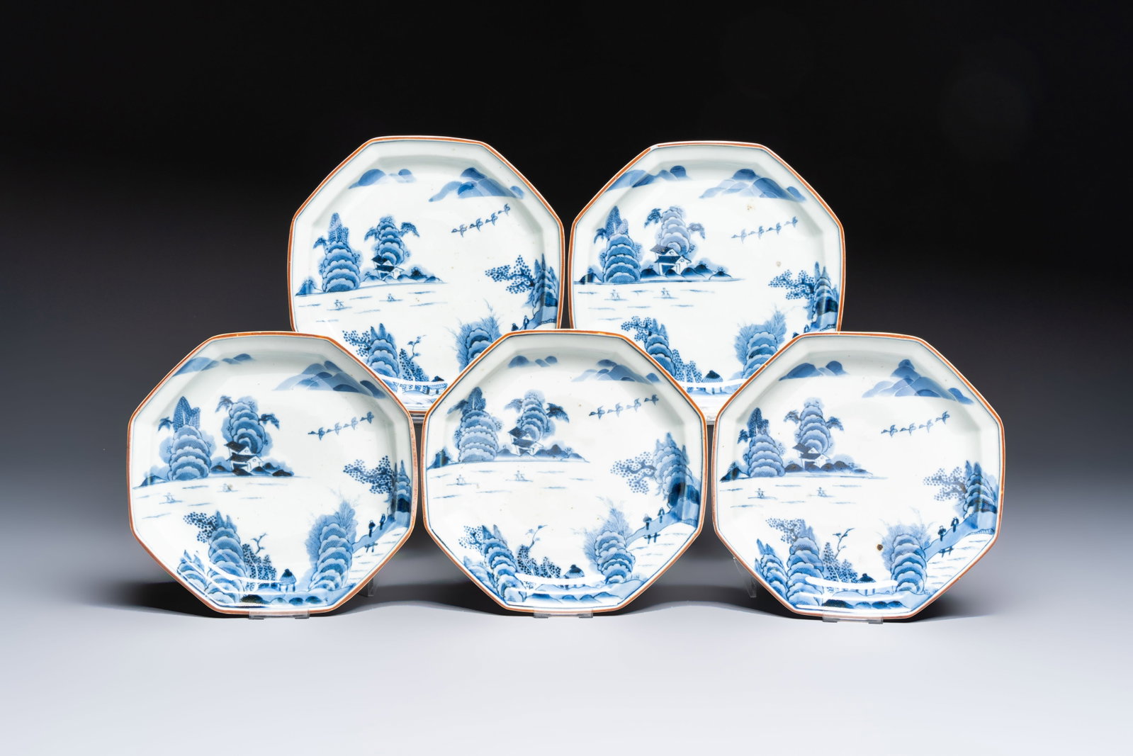 A set of five Japanese Arita blue and white octagonal tea ceremony plates with riverscape design, (1 of 5)