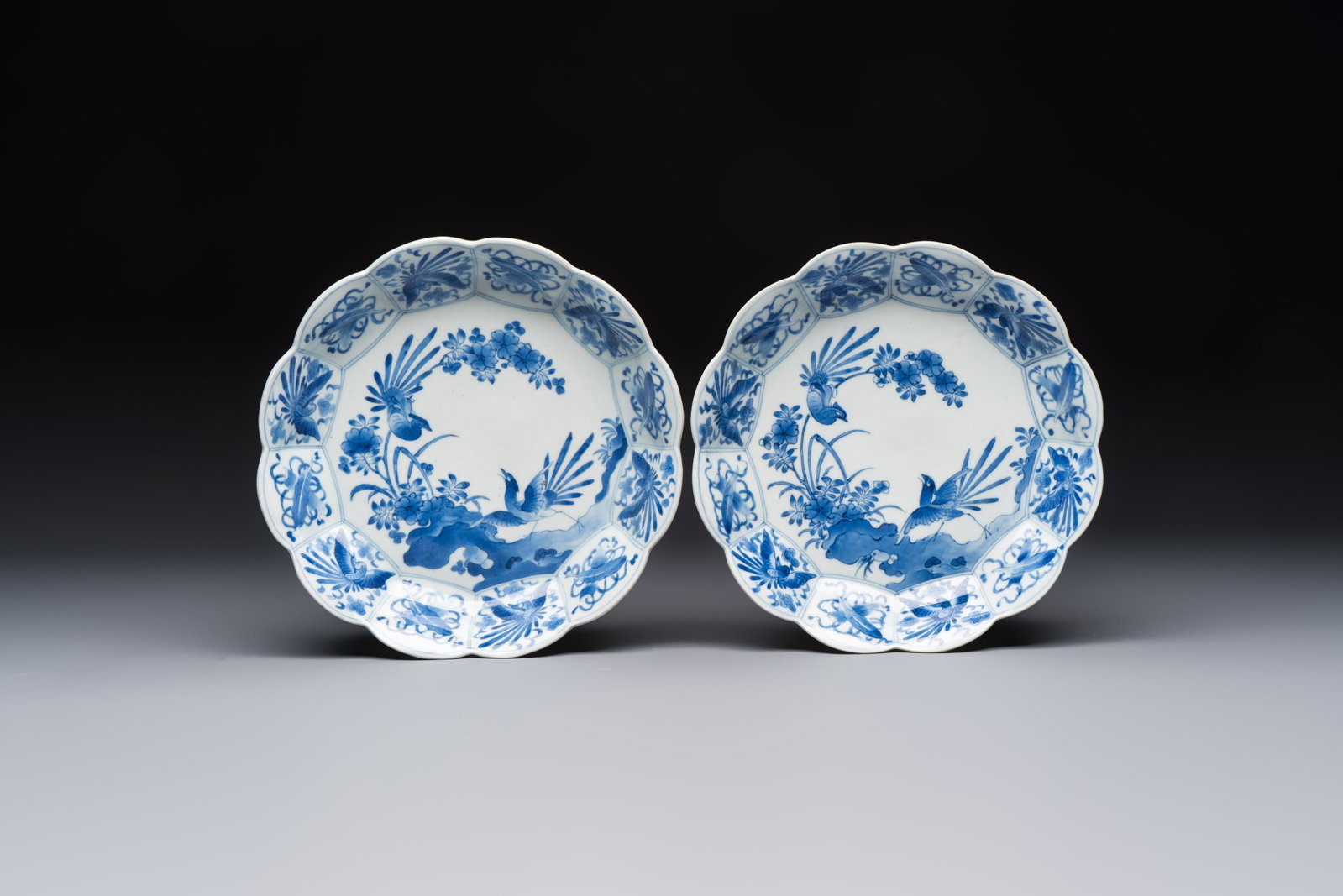 A pair of Japanese Arita blue and white 'Birds among Flowering Branches' plates, Edo 18th C.: A pair of Japanese Arita blue and white 'Birds among Flowering Branches' plates, Edo 18th C. Dia.: 21,5 cm