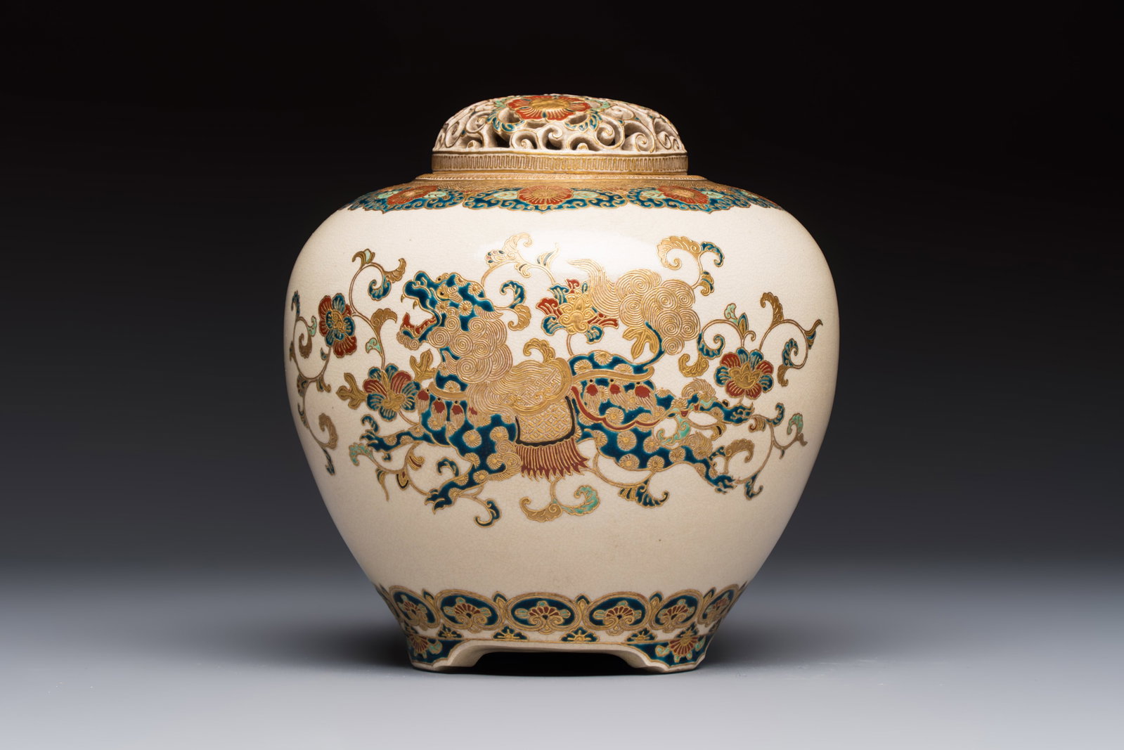 A Japanese Satsuma 'Shishi' koro, Kagayama mark, Meiji, 19th C. (1 of 6)