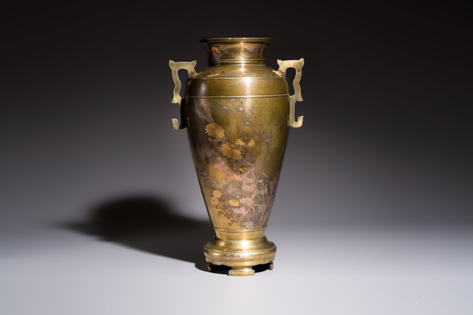 A fine and large Japanese mixed-metal bronze vase with handles, signed 'Dai Nihon Teikoku (1 of 6)