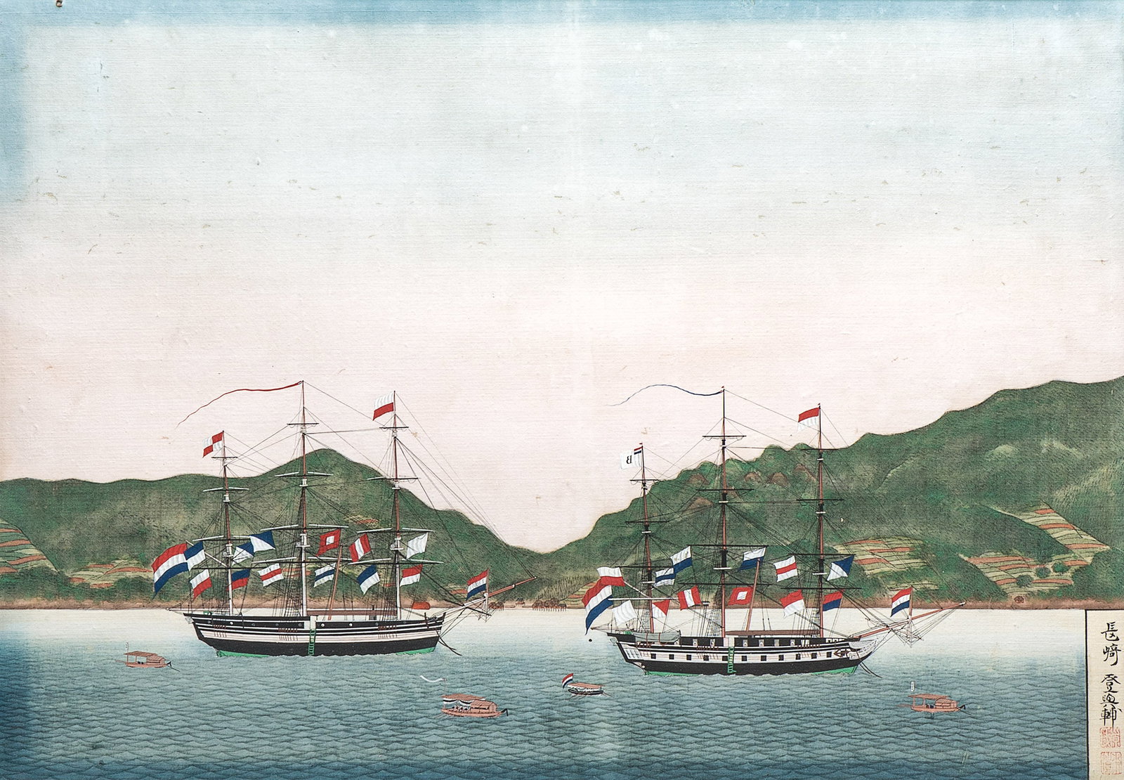 Kawahara Keiga (Japan, 1786-1860): 'Two Dutch Vessels Anchored off Nagasaki Bay', gouache on silk,: Kawahara Keiga ????? (Japan, 1786-1860): 'Two Dutch Vessels Anchored off Nagasaki Bay', gouache on silk, seal mark, 19th C. Dim.: 52,5 x 67 cm (the frame) Dim.: 33 x48 cm (the work) Provenance: - Van 