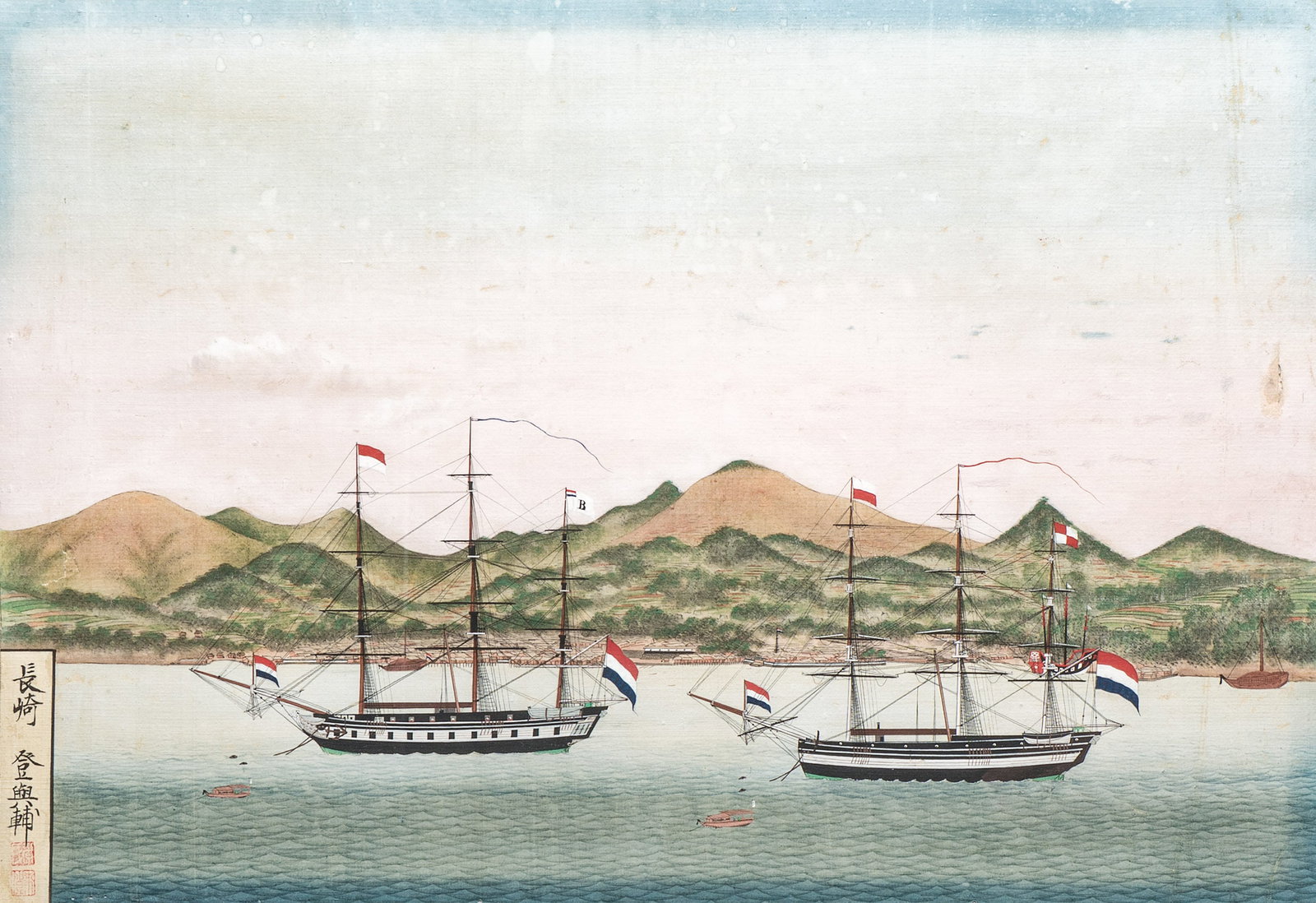 Kawahara Keiga (Japan, 1786-1860): 'Two Dutch Vessels Anchored off Deshima Harbour', gouache on (1 of 6)