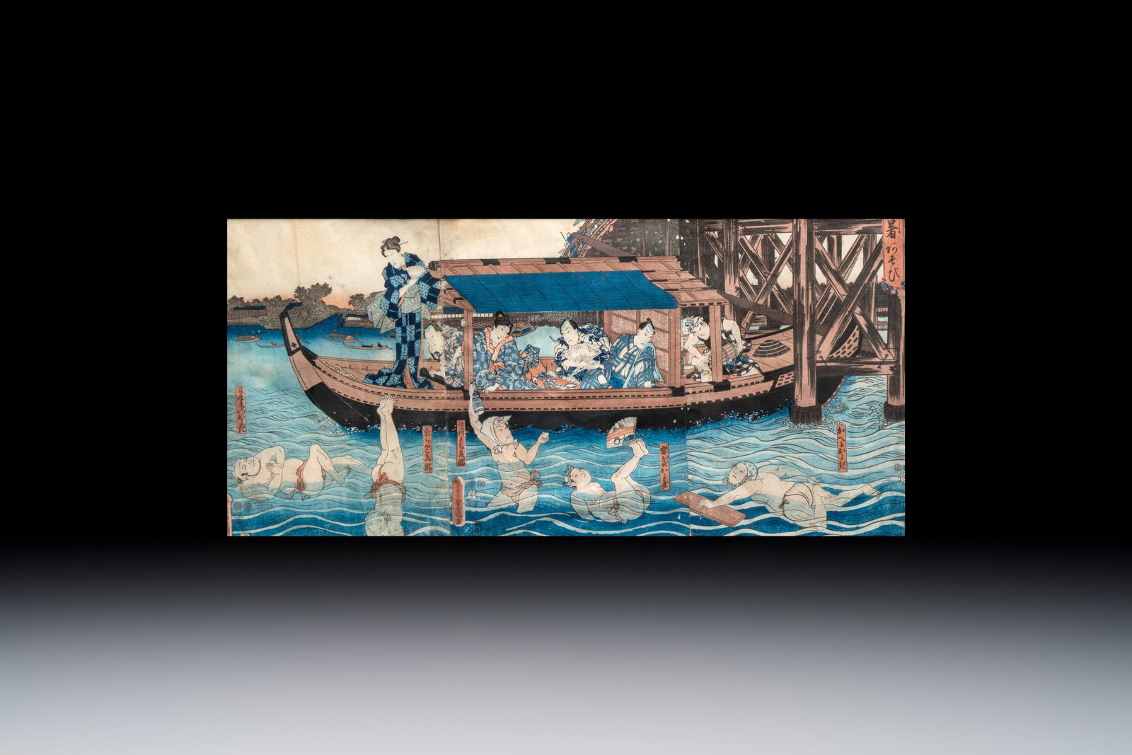 Utagawa Kunisada (1786-1865): 'A Pleasure Outing at the Height of Summer', woodblock print, Japan,: Utagawa Kunisada (1786-1865): 'A Pleasure Outing at the Height of Summer', woodblock print, Japan, Edo, 19th C. Dim.: 85 x 50 cm (the frame) Dim.: 67,5 x 31,5 cm (the work) Reference: - Christie's Lon