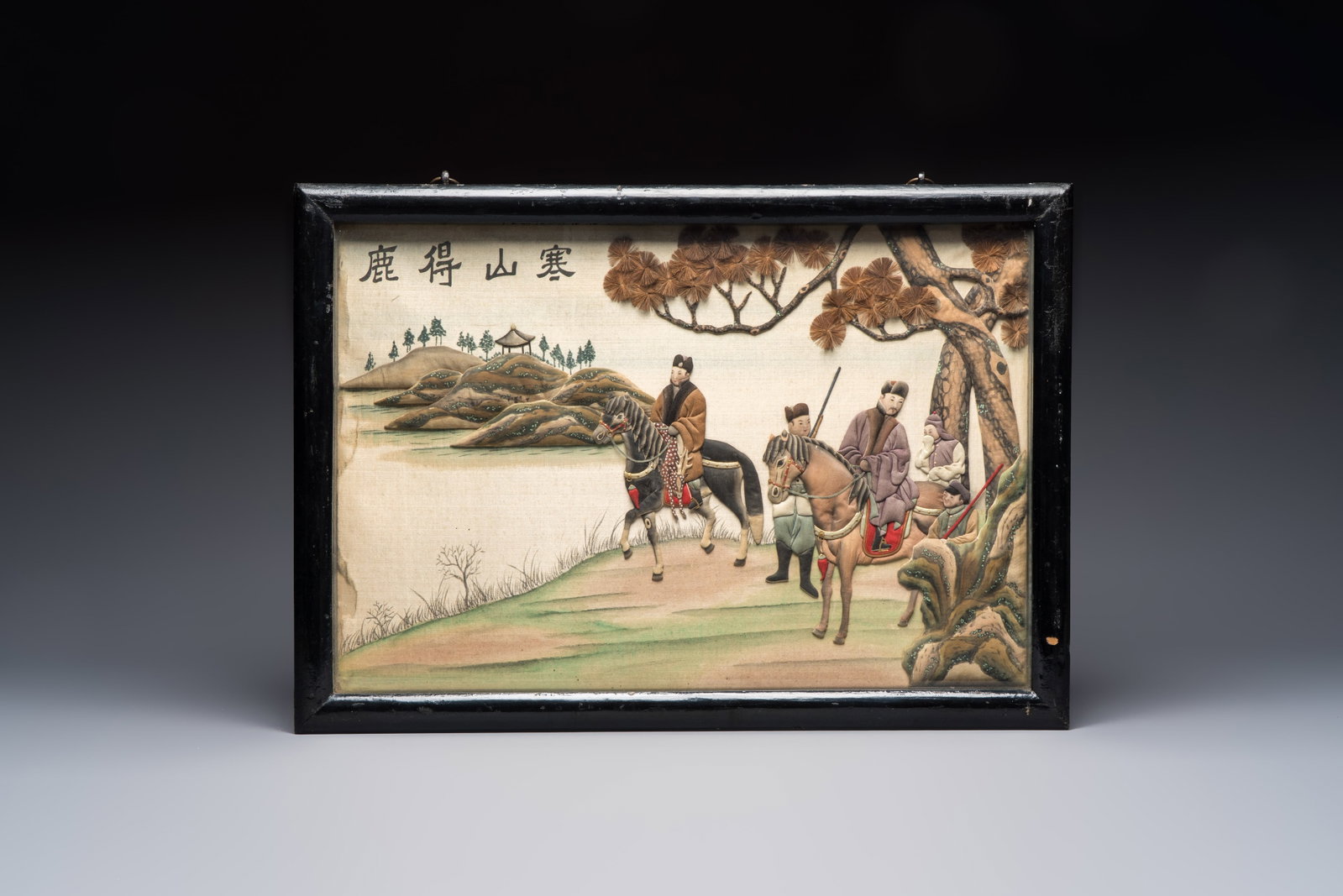 A framed Chinese 'Han Shan De Lu' silk work, Republic (1 of 2)
