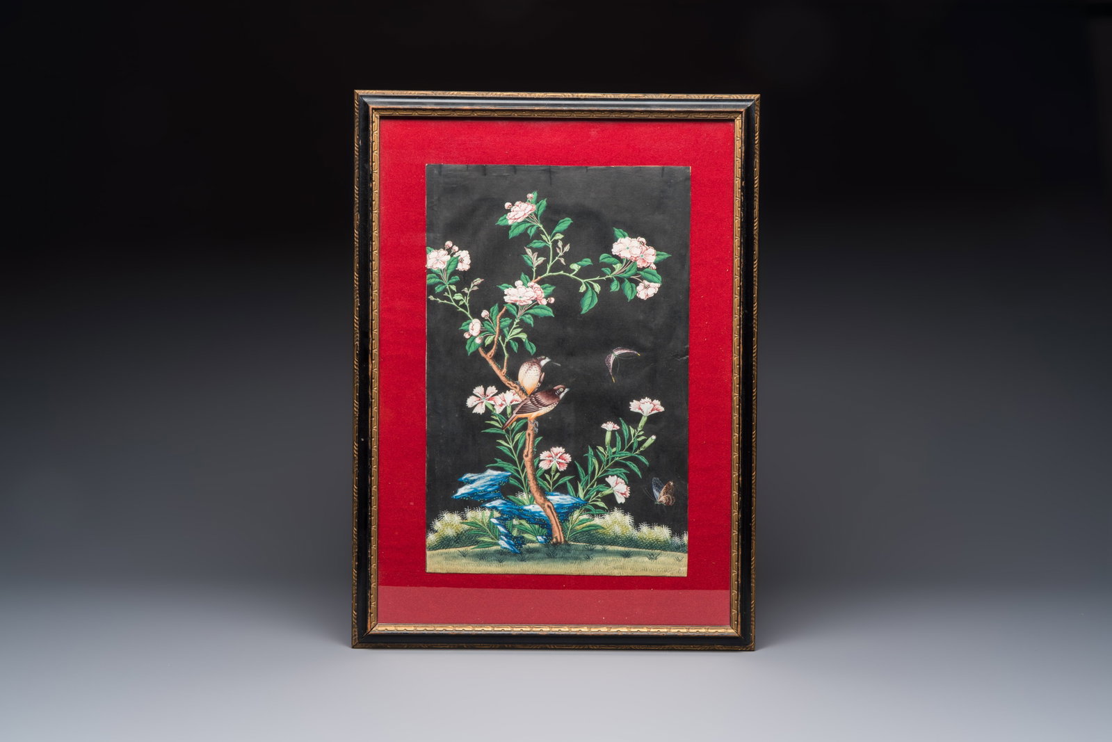 Canton school: 'Birds among Flowering Branches', gouache on paper, 19th C. (1 of 2)