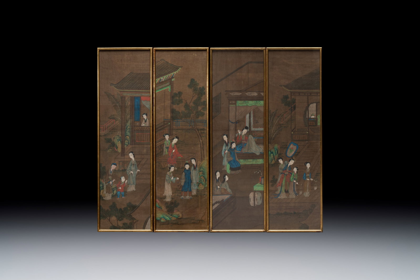 Chinese school: 'Courtyard Scenes with Figures', ink and colour on silk, 19th C. (1 of 2)