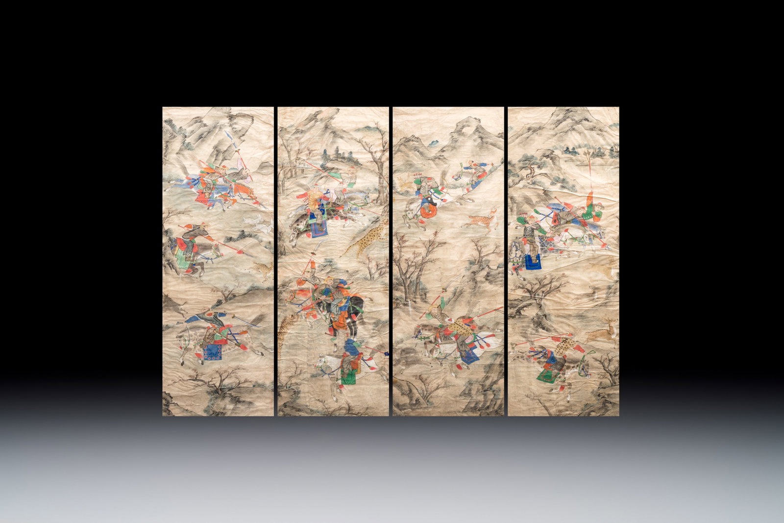 Chinese school: four 'Hunting Scene' paintings, ink and colour on paper, 19/20th C. (1 of 9)