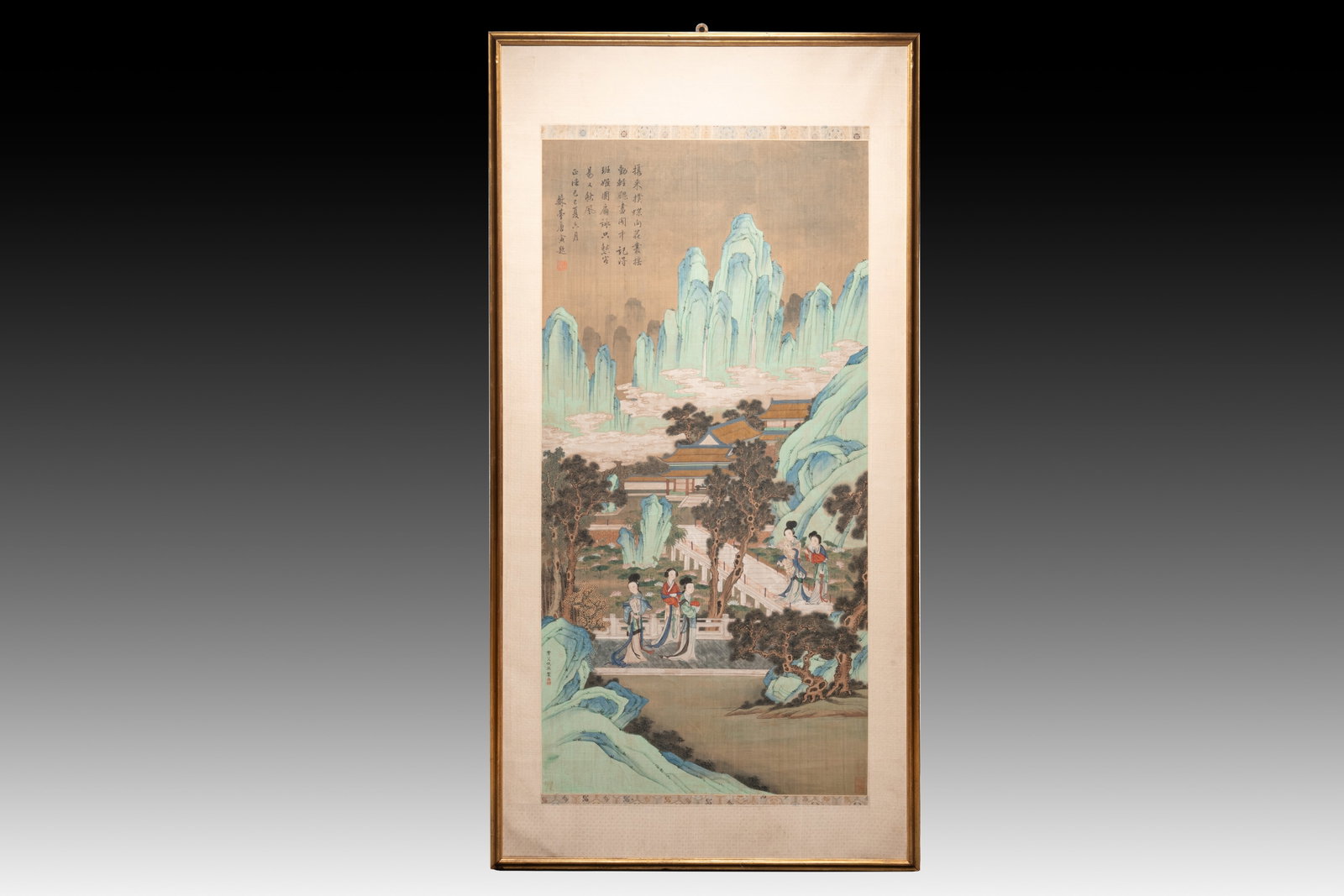 In the manner of Qiu Ying (1494-1552): 'Mountainous Landscape', ink and colour on silk,: In the manner of Qiu Ying (1494-1552): 'Mountainous Landscape', ink and colour on silk, 19/20th C. Dim.: 168,5 x 85,5 cm (the frame) Dim.: 130,5 x 64 cm (the work)