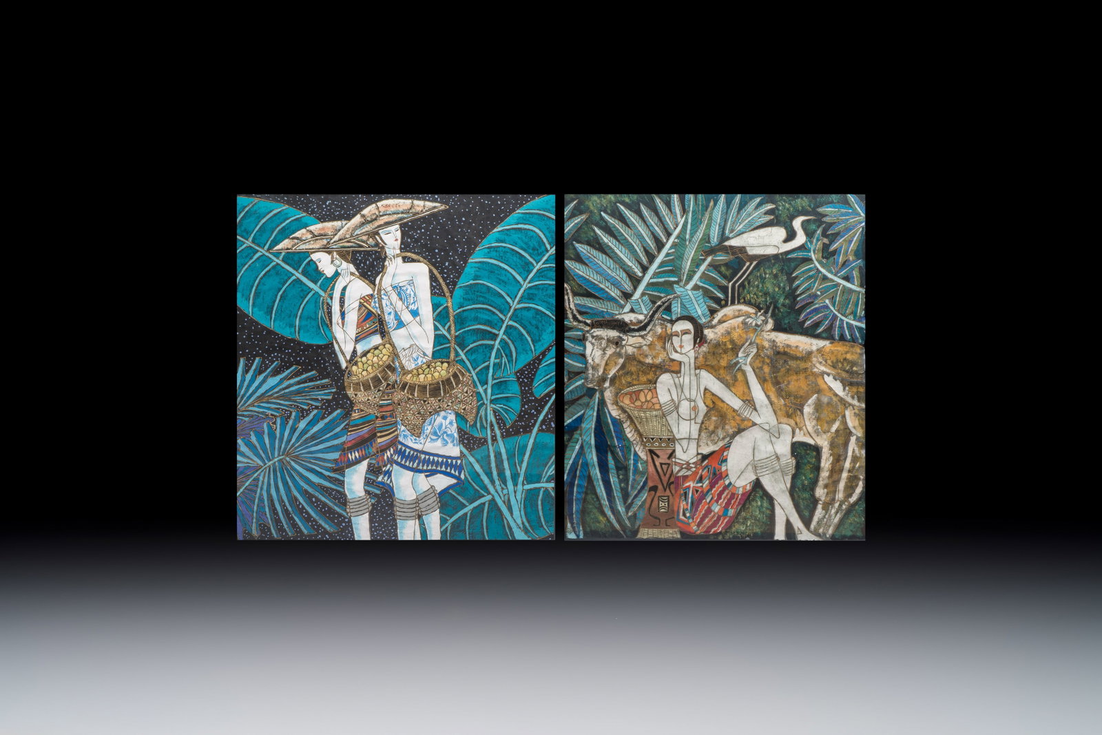 Ting Shao Kuang (b. 1939, attr. to): 'Beauty with Buffalo and Crane' and 'Two Beauties Carrying (1 of 5)