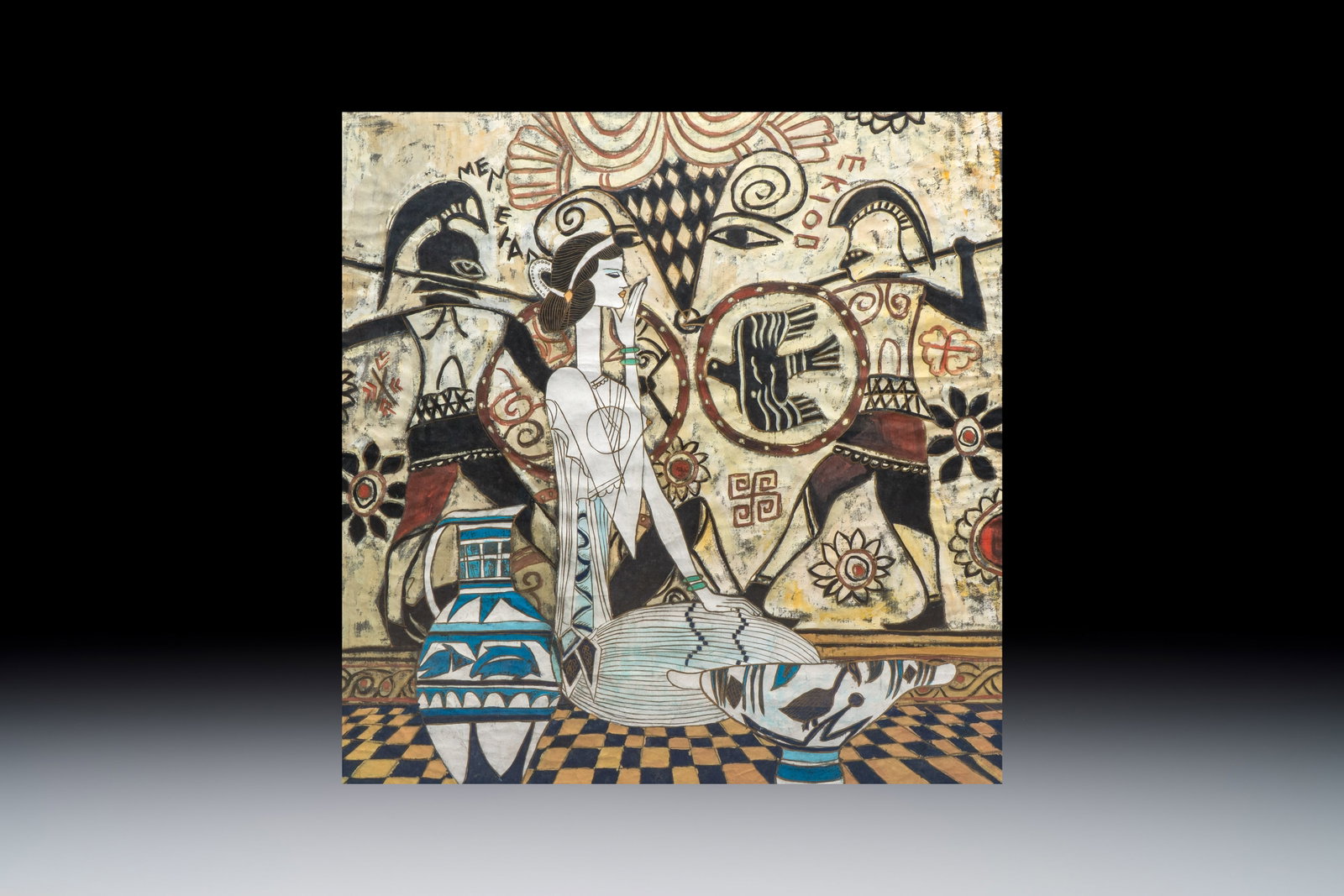 Ting Shao Kuang (b. 1939, attr. to): 'Seated Beauty before a Classical Mural', mixed techniques, (1 of 3)