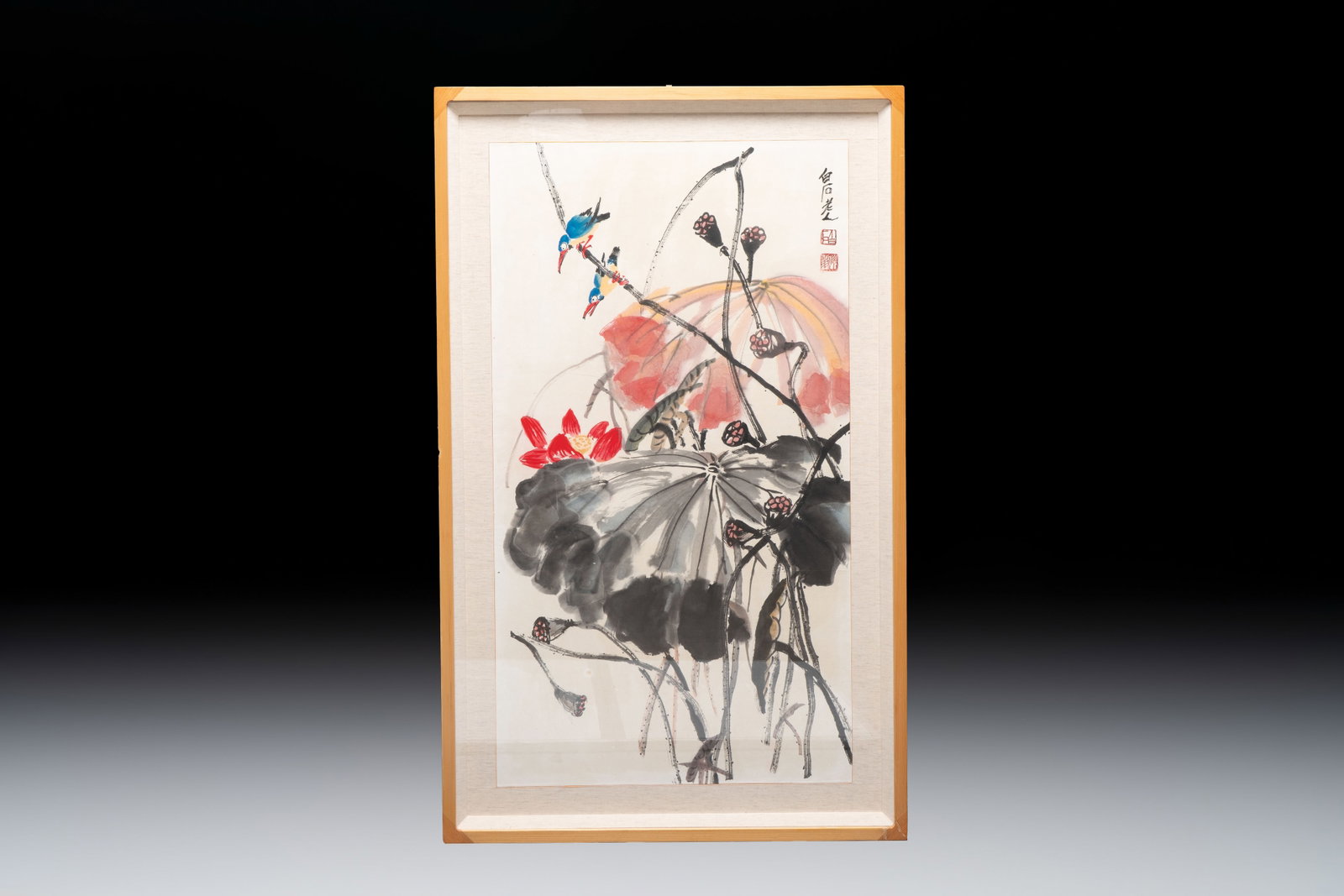 In the manner of Qi Baishi (1864-1957): 'Kingfishers Among Lotus', ink and colour on paper, signed (1 of 3)