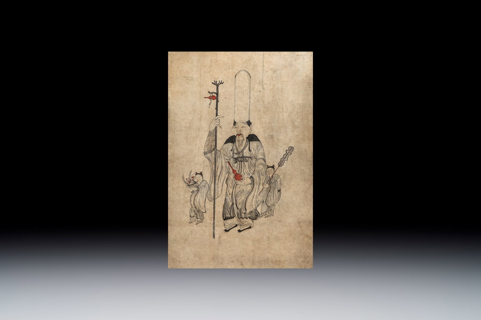 Korean school: 'The God of Longevity and Attendants', ink and colour on paper, Joseon, 18th C. (1 of 3)