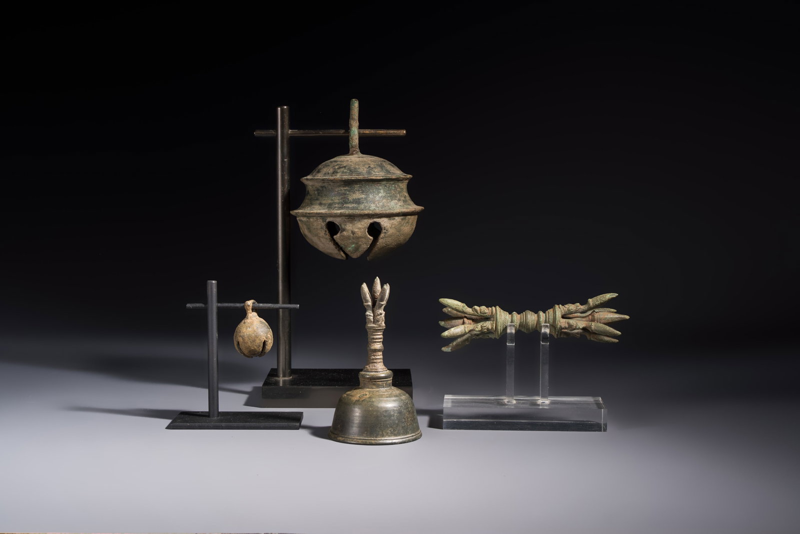 Two Cambodian bronze bells, a vajra bell and a vajra, 11/13th C. (1 of 13)