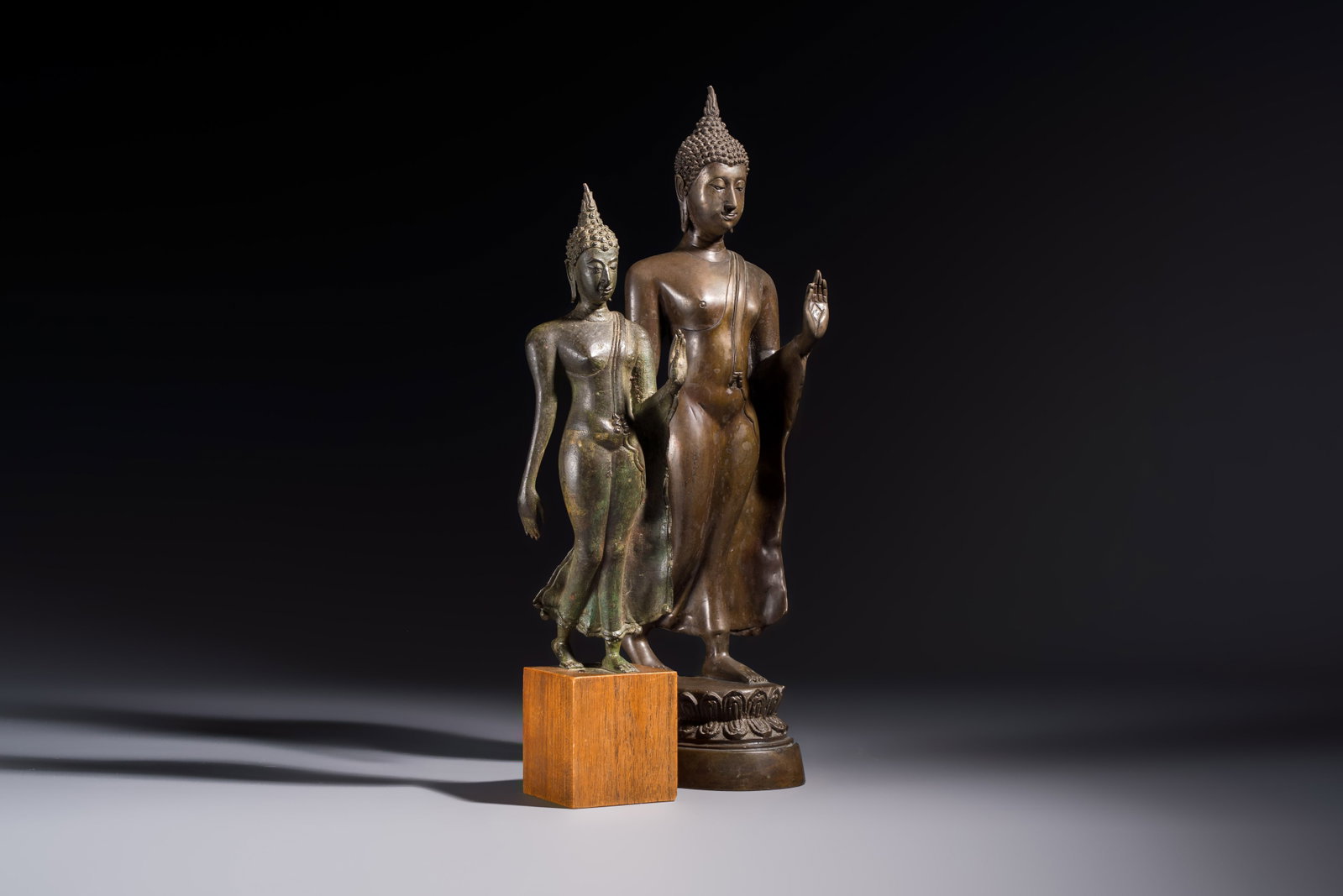 Two bronze Sukhothai-style walking Buddhas, Thailand, 20th C. (1 of 7)