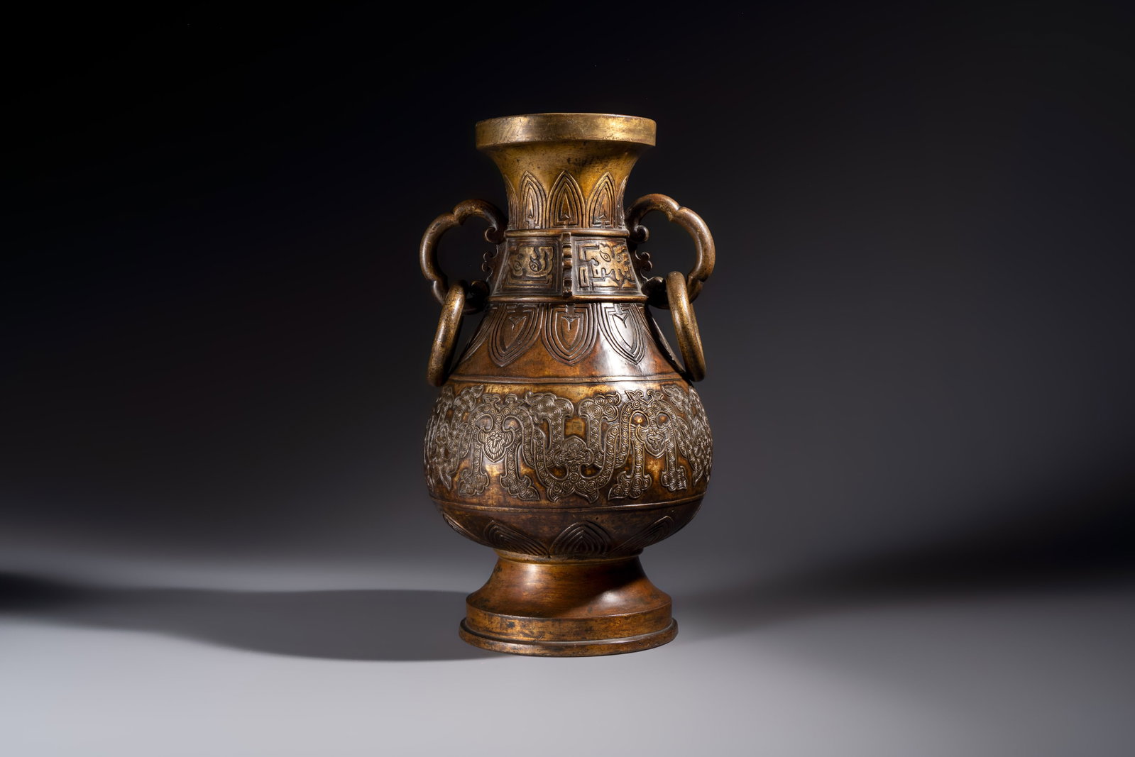A fine and large Chinese archaistic gilt-bronze vase with handles, Ming (1 of 9)