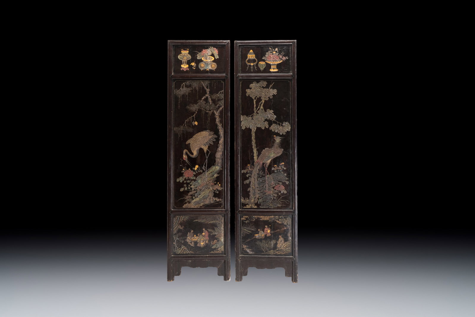 Two large Chinese coromandel lacquer panels with narrative and bird design, signed Huang Enchang, (1 of 2)