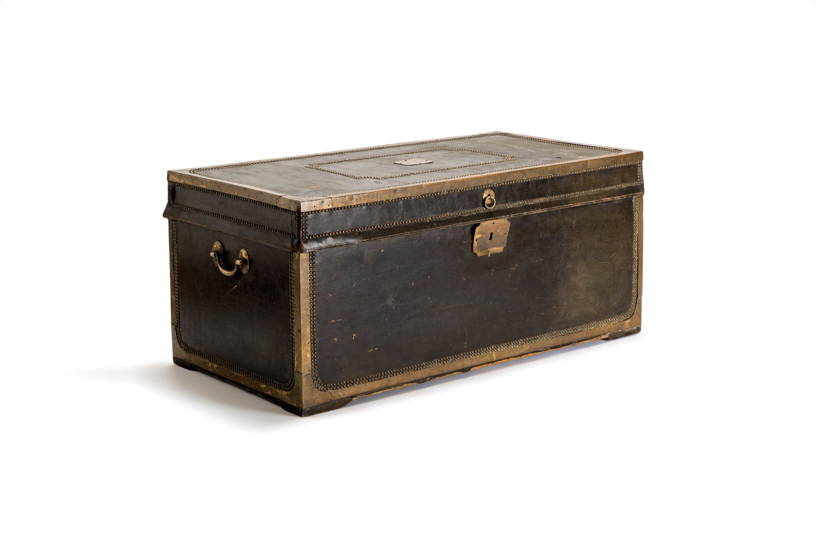 A large Chinese export brass-bound black leather travel trunk with engraved 'H.H.J. Coops' plaque, (1 of 8)