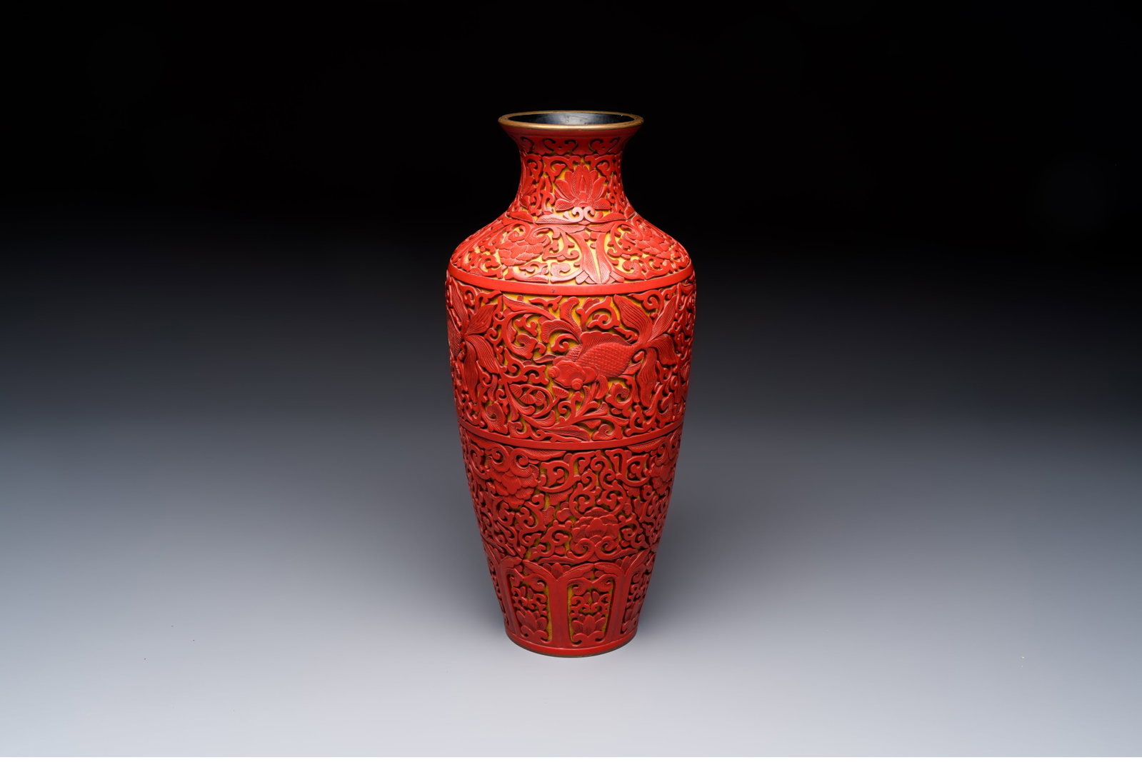 A Chinese two-colour lacquer 'Goldfish' vase, Republic (1 of 7)