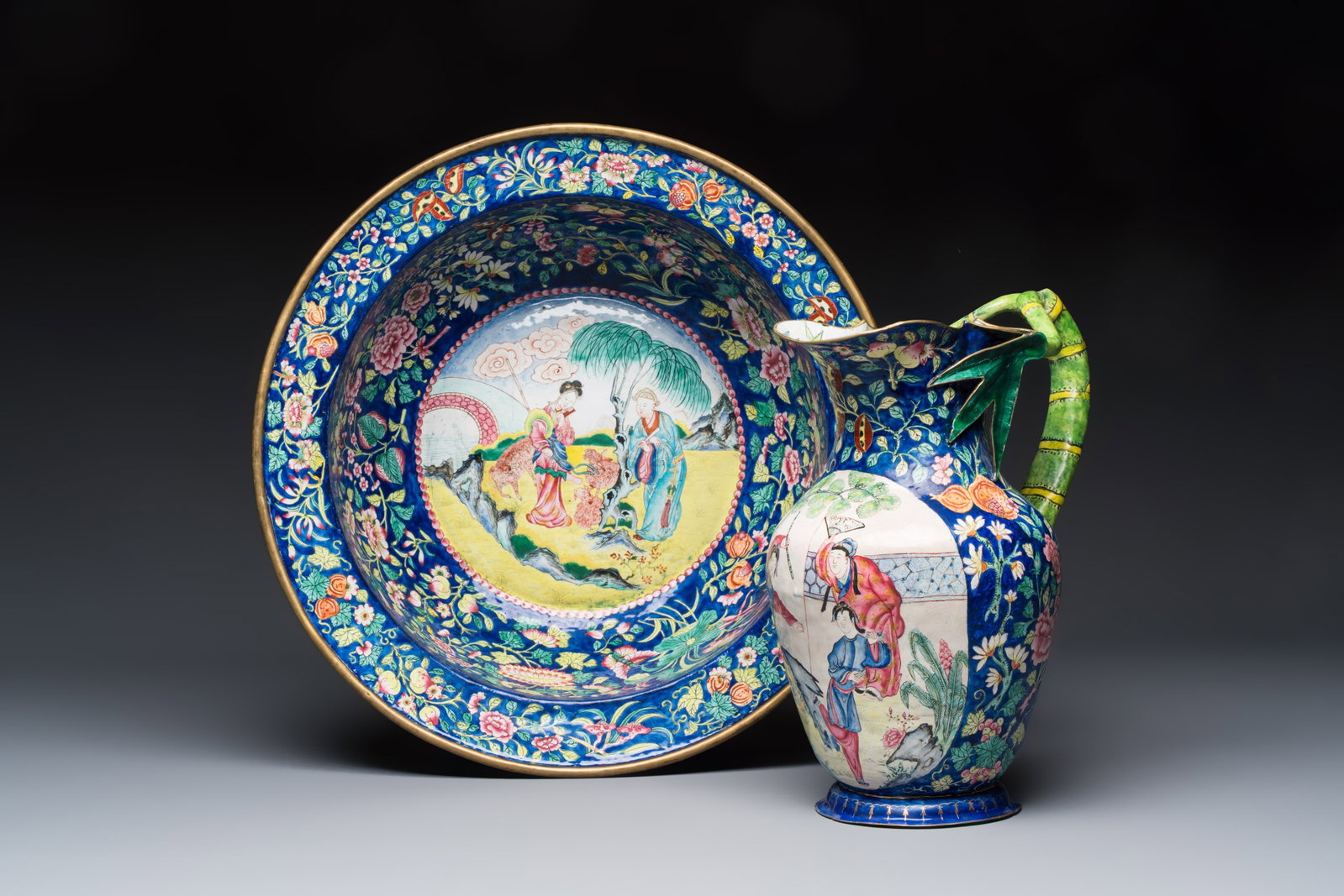 A large Chinese Canton enamel basin and jug with narrative design, early 19th C. (1 of 13)