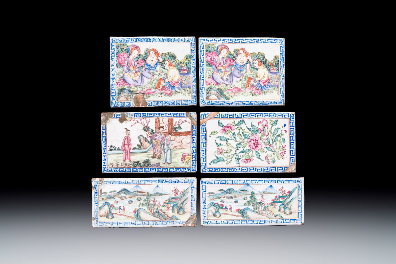 Six Chinese Canton enamel rectangular plaques with landscape, figural, floral and European subject: Six Chinese Canton enamel rectangular plaques with landscape, figural, floral and European subject designs, Qianlong Dim.: 12,3 x 7,9 cm (the largest) Dim.: 7,2 x 5,8 cm (the smallest) Provenance: The