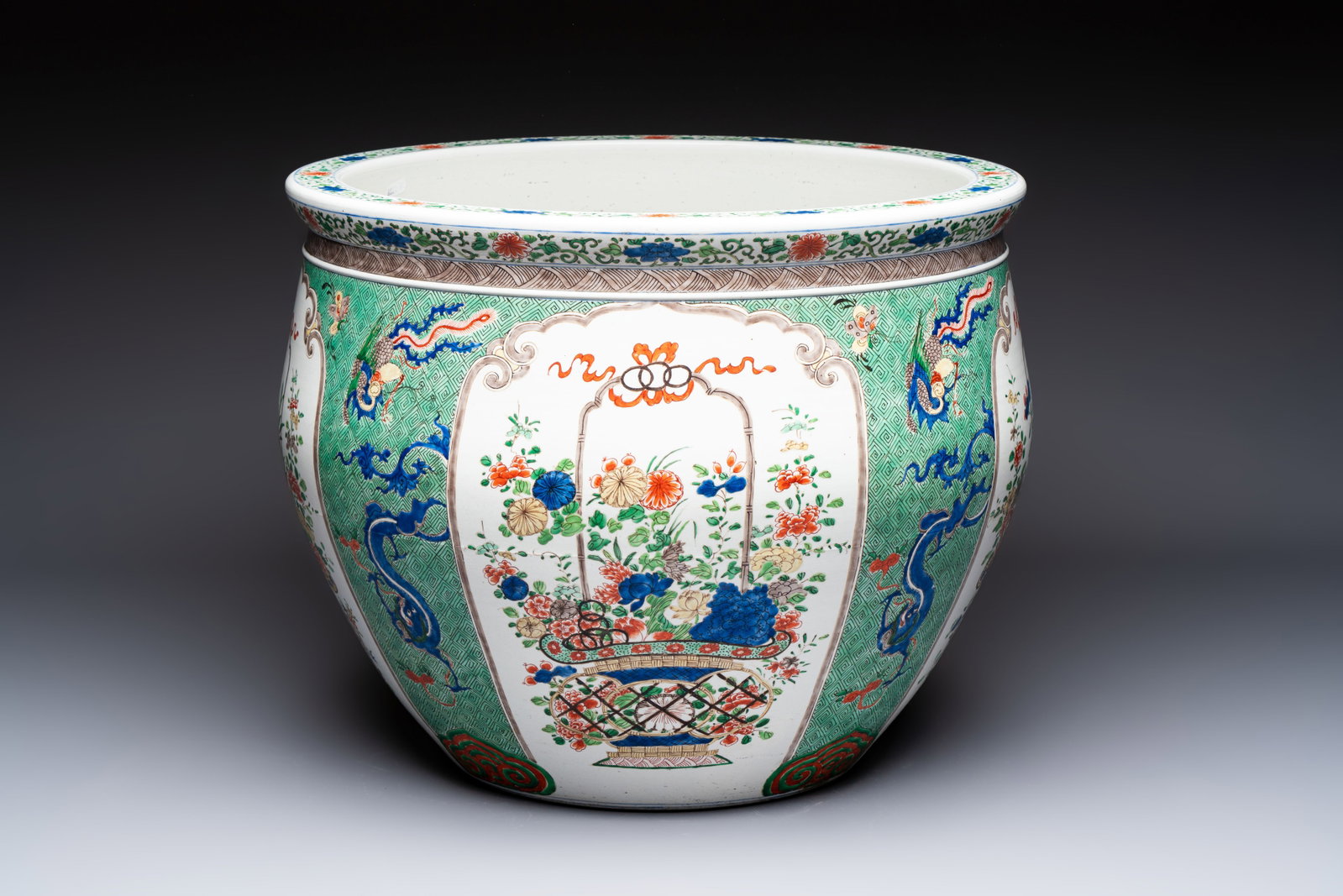 A large famille verte-style 'Flower Basket' scroll pot or fish bowl, Samson, Paris, 19th C. (1 of 7)
