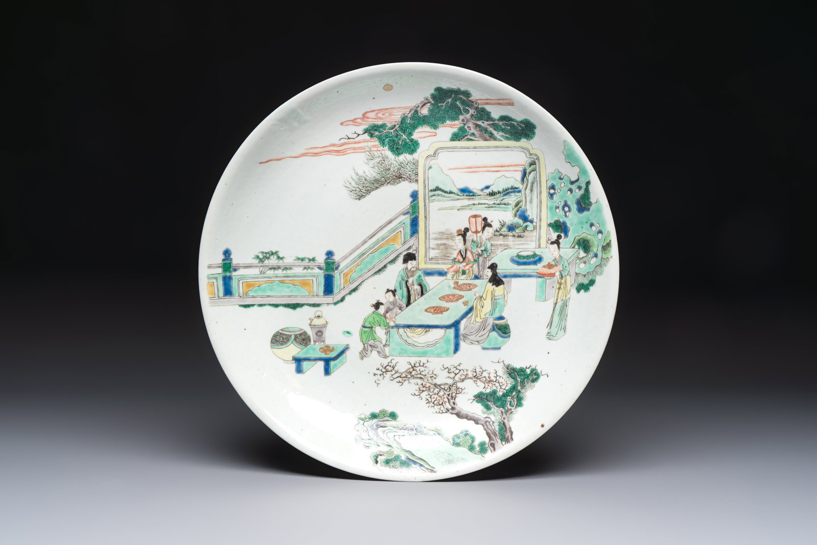 A large Chinese famille verte 'Banquet' dish, lingzhi mark, Kangxi (1 of 2)