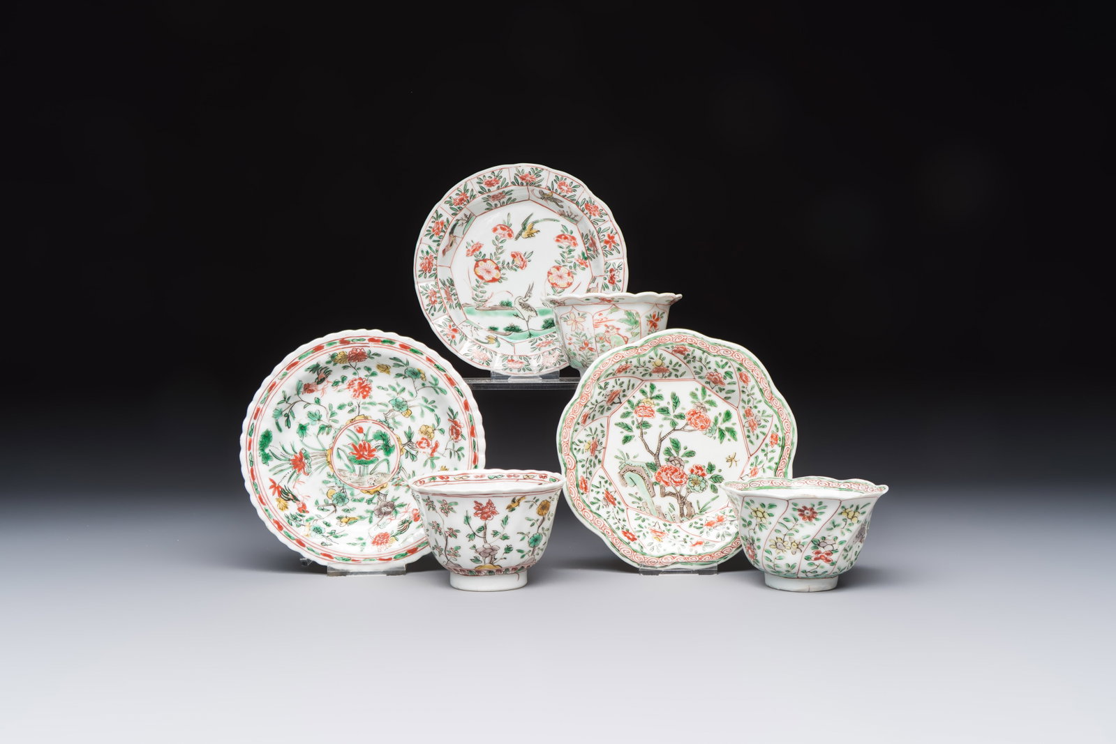 Three sets of Chinese famille verte cups and saucers with birds and flowers, various marks, Kangxi (1 of 9)