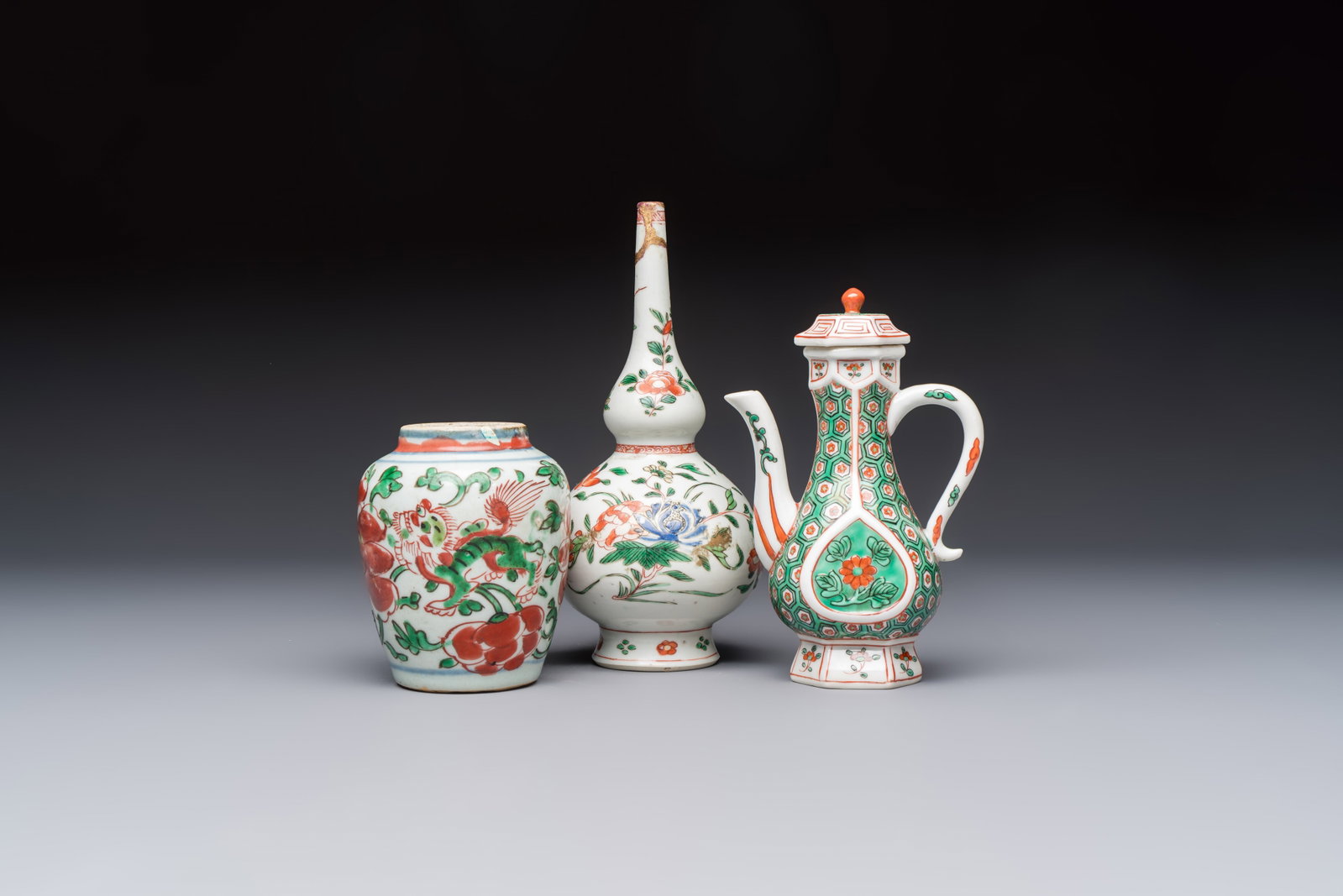 A Chinese famille verte rosewater sprinkler, a wucai jar and a Samson Paris verte-style covered (1 of 13)