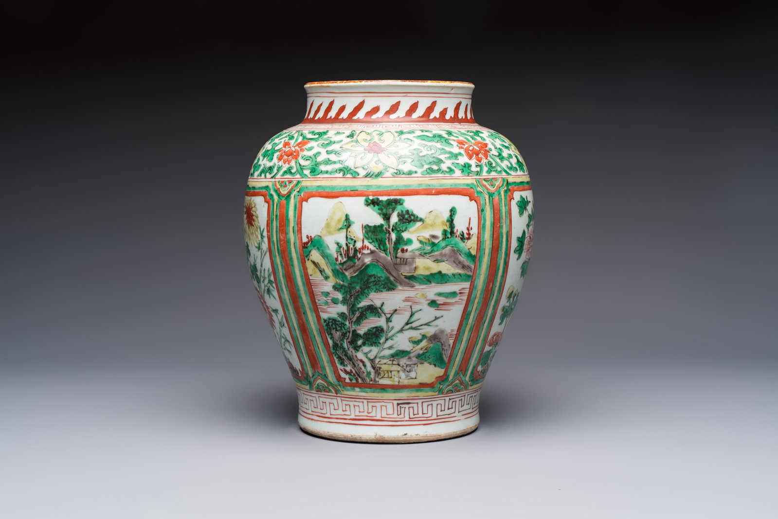 A Chinese wucai 'Landscapes and Flowers' vase, Transitional period (1 of 6)