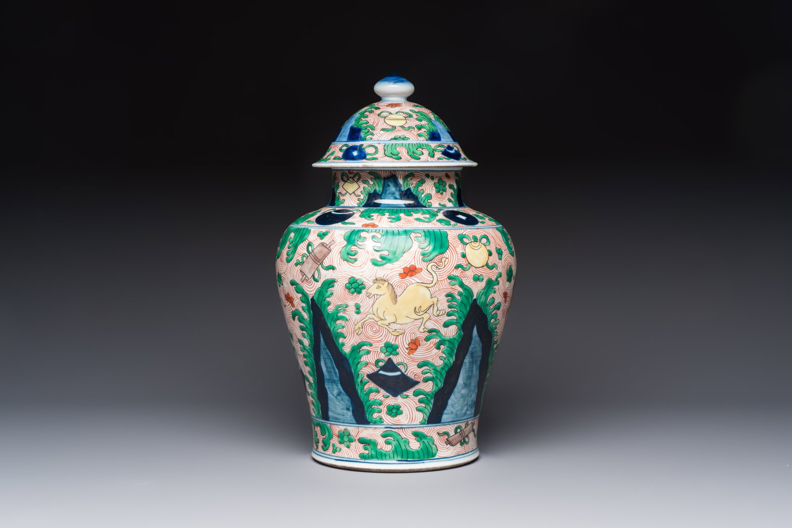 A French wucai-style 'Flying Horses' vase and cover, Samson, Paris, 19th C. (1 of 7)