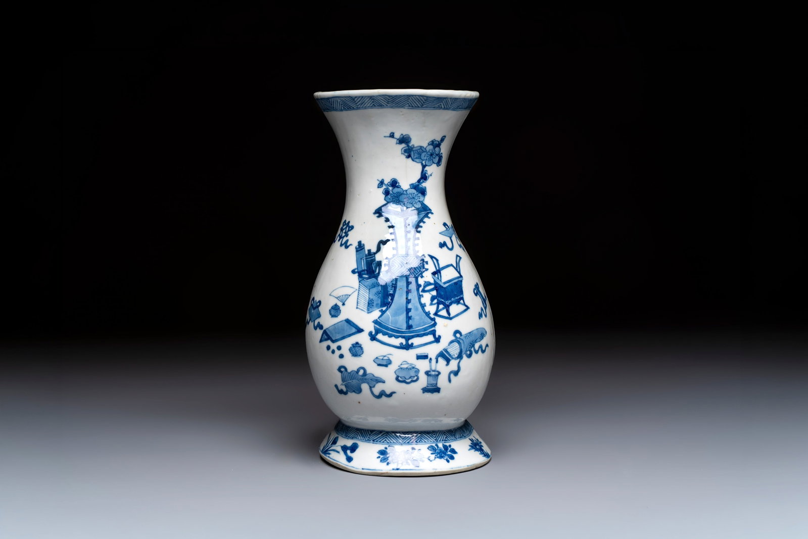 A Chinese blue and white 'Antiquities' wall vase, Kangxi (1 of 6)