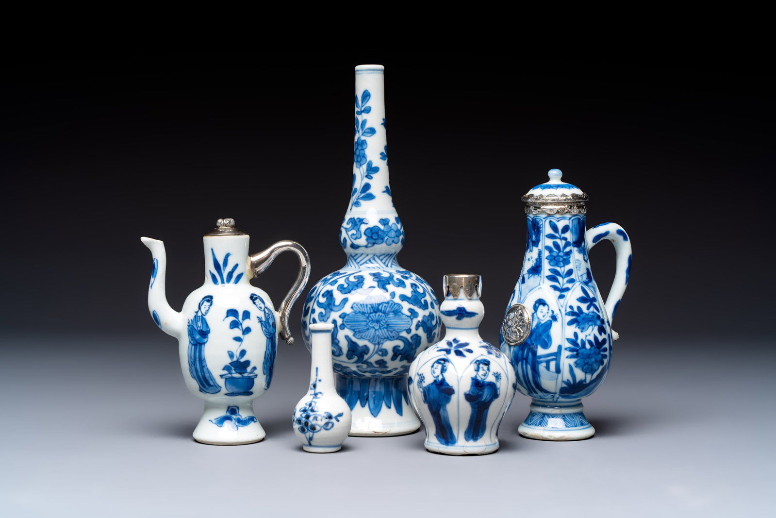 Five Chinese blue and white wares, three silver-mounted, Kangxi (1 of 18)
