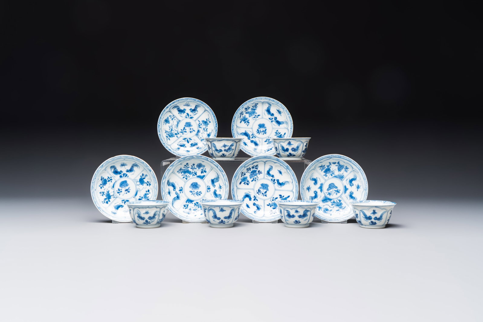 Six Chinese blue and white 'Rooster' cups and saucers, Kangxi: Six Chinese blue and white 'Rooster' cups and saucers, Kangxi Dia.: 11,1 cm (the saucers) Dia.: 7,2 cm - H.: 3,8 cm (the cups)