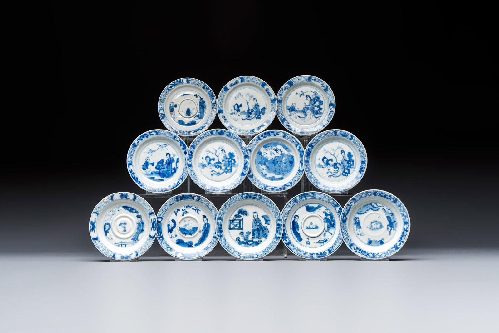 12 Chinese blue and white saucers with figural design, lingzhi and Chenghua marks, Kangxi (1 of 7)