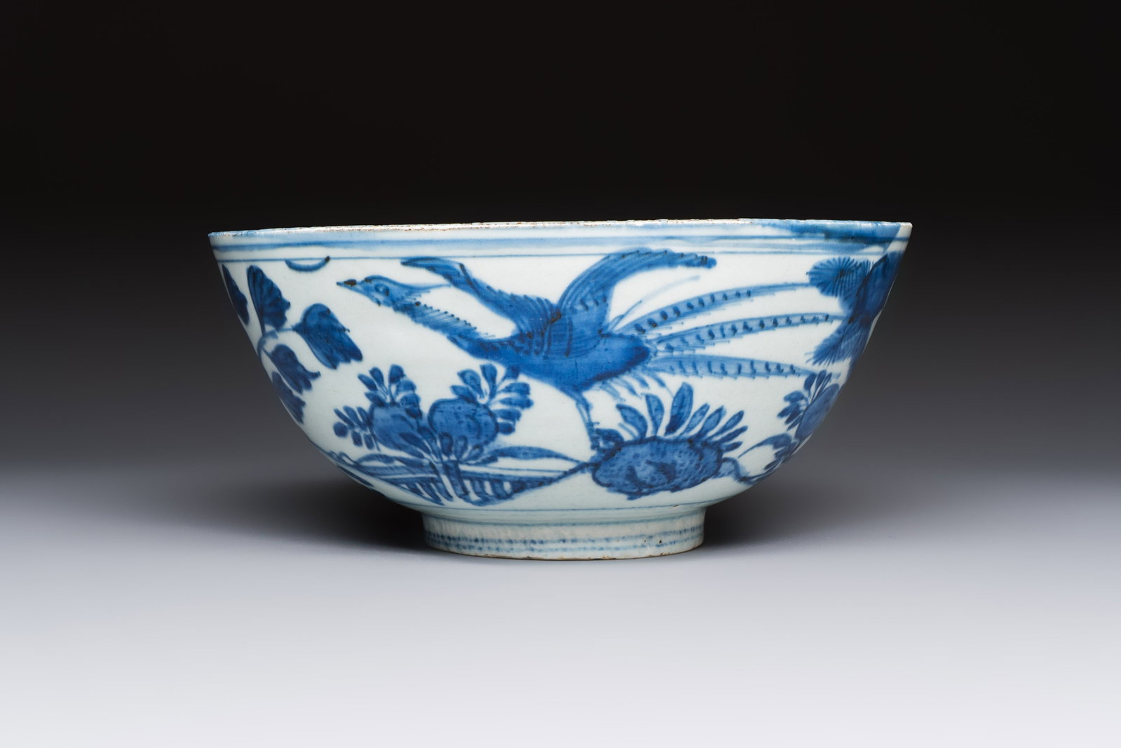 A Chinese blue and white 'Pheasants' bowl, Chenghua mark, late Ming (1 of 6)