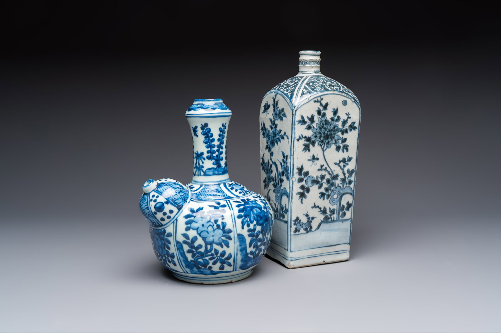 A Chinese blue and white kendi and a square flask, Wanli (1 of 7)