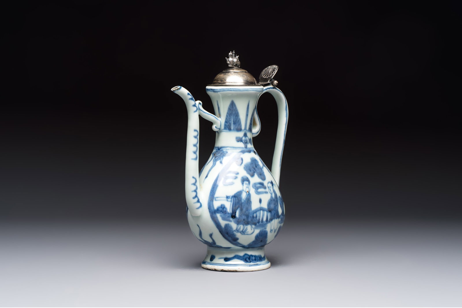 A silver-mounted Chinese blue and white 'Zhou Dunyi' ewer, Ming (1 of 8)