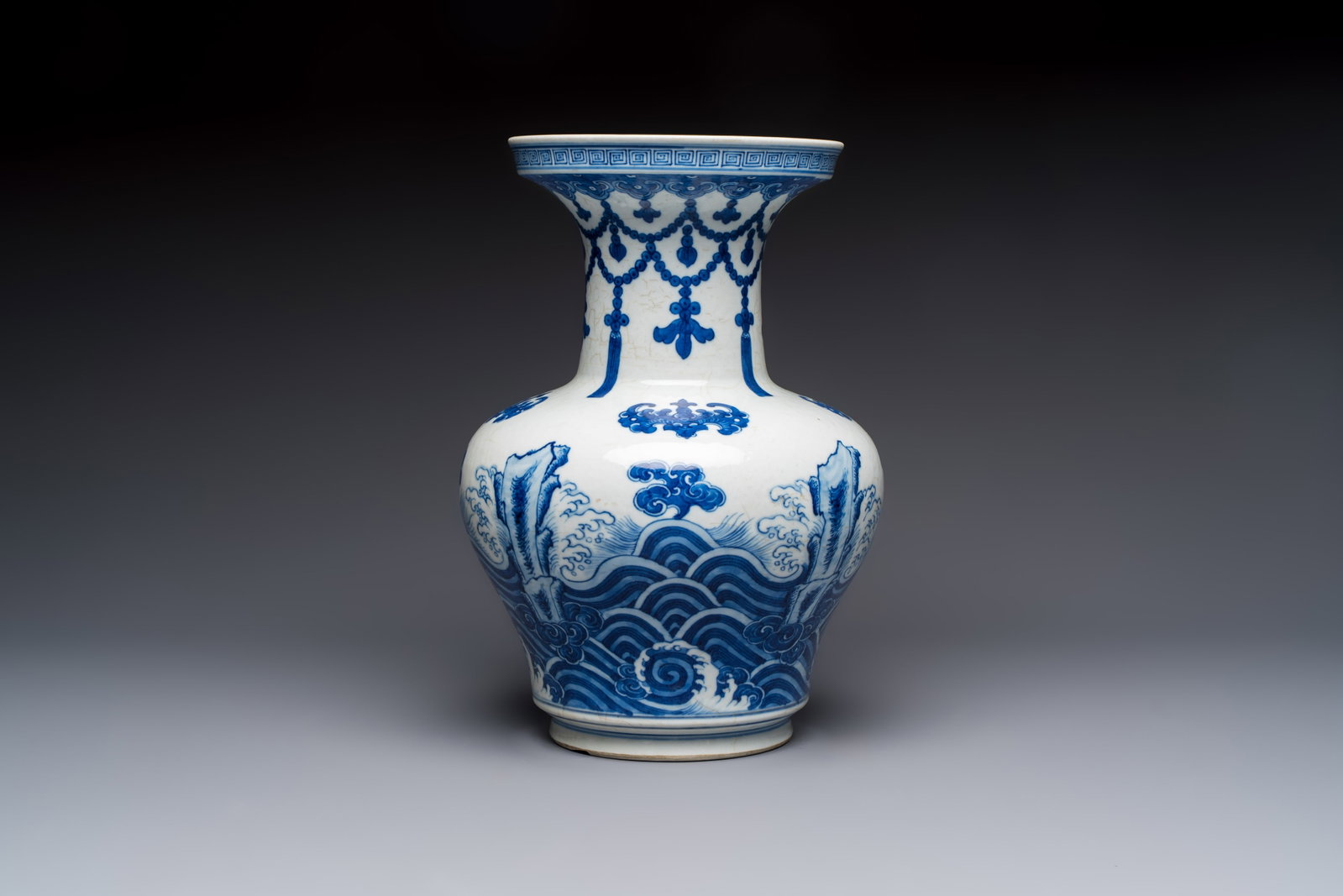 A Chinese blue and white 'Bats and Rocks among Cresting Waves' vase, Qianlong (1 of 6)
