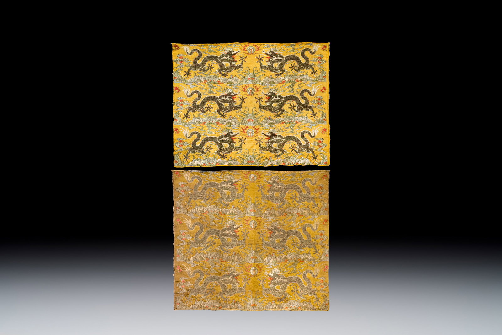 Two Chinese yellow-ground kesi silk 'Dragon' panels, late Ming: Two Chinese yellow-ground kesi silk 'Dragon' panels, late Ming Dim.: 70 x 76 cm (the largest) Dim.: 62 x 75 cm (the smallest)